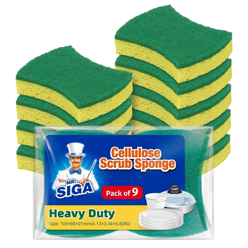 MR.SIGA Cellulose Scrub Sponge Strong Absorbent, Dual-Sided Dishwashing Sponge for Kitchen, 9 Pack