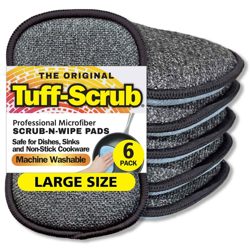Tuff-Scrub Original Large Microfiber Scrub-N-Wipe Cleaning Sponge Pads, Non-Scratch Scouring & Wiping, Pack of 6